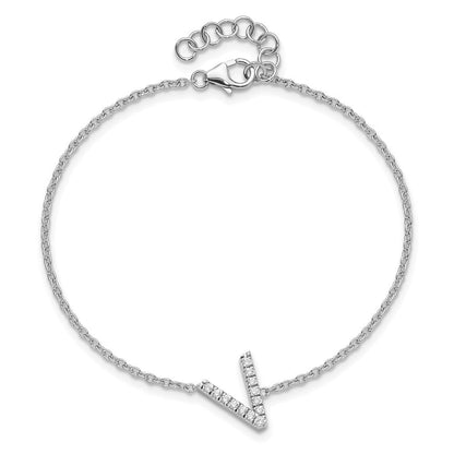 14K Weißgold Armband mit natürlichem Diamant-Buchstaben "V" seitlich, mit 2,5 cm Verlängerung