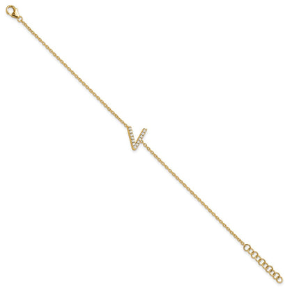 Armband aus 14K Gelbgold mit natürlichem Diamant-Buchstaben „V“ seitlich und 1 Zoll Verlängerung