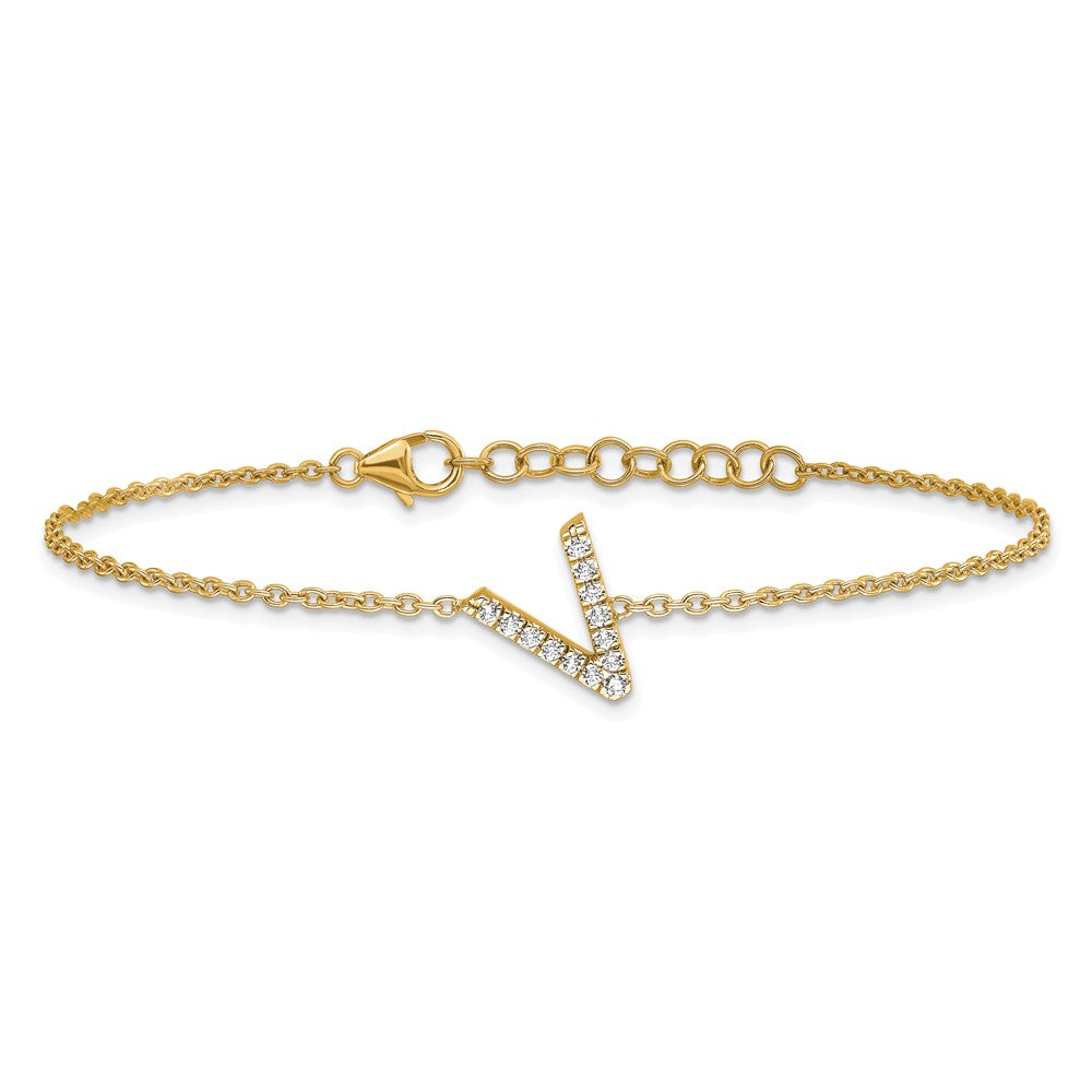 Armband aus 14K Gelbgold mit natürlichem Diamant-Buchstaben „V“ seitlich und 1 Zoll Verlängerung