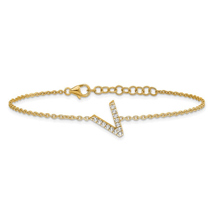 Armband aus 14K Gelbgold mit natürlichem Diamant-Buchstaben „V“ seitlich und 1 Zoll Verlängerung