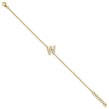 14K Gelbgold Armband mit natürlichem Diamant-Buchstaben W seitlich, mit 1 Zoll Verlängerung