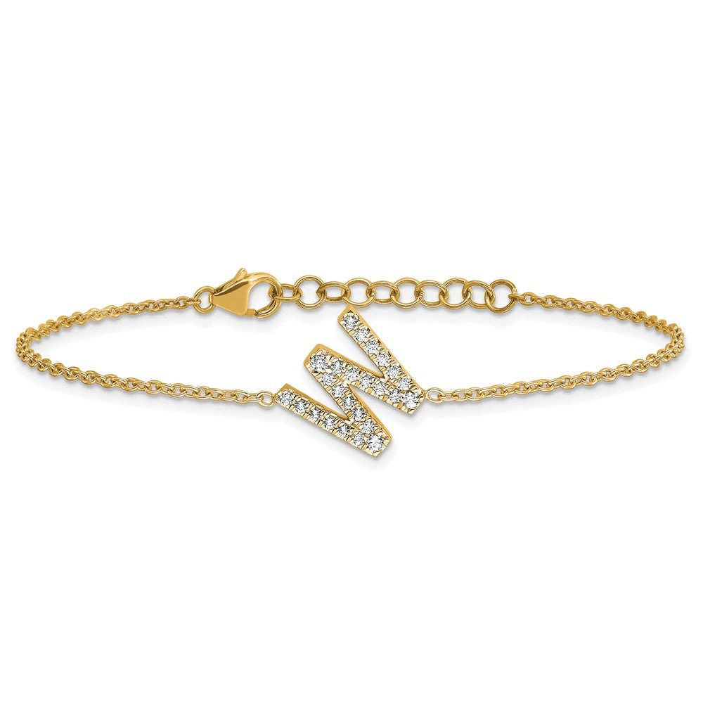 14K Gelbgold Armband mit natürlichem Diamant-Buchstaben W seitlich, mit 1 Zoll Verlängerung