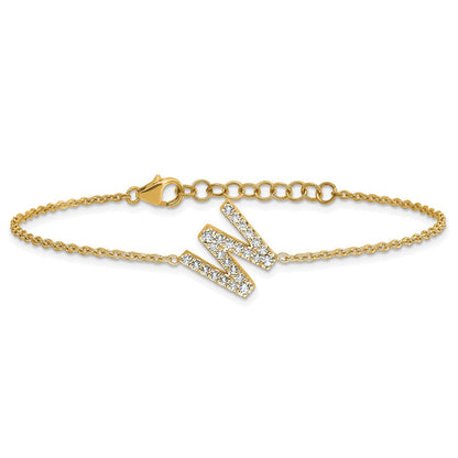 14K Gelbgold Armband mit natürlichem Diamant-Buchstaben W seitlich, mit 1 Zoll Verlängerung