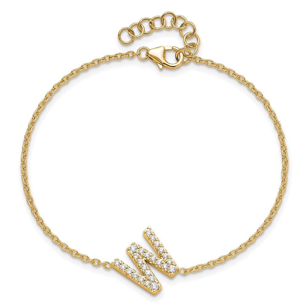 14K Gelbgold Armband mit natürlichem Diamant-Buchstaben W seitlich, mit 1 Zoll Verlängerung