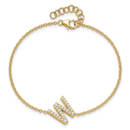 14K Gelbgold Armband mit natürlichem Diamant-Buchstaben W seitlich, mit 1 Zoll Verlängerung