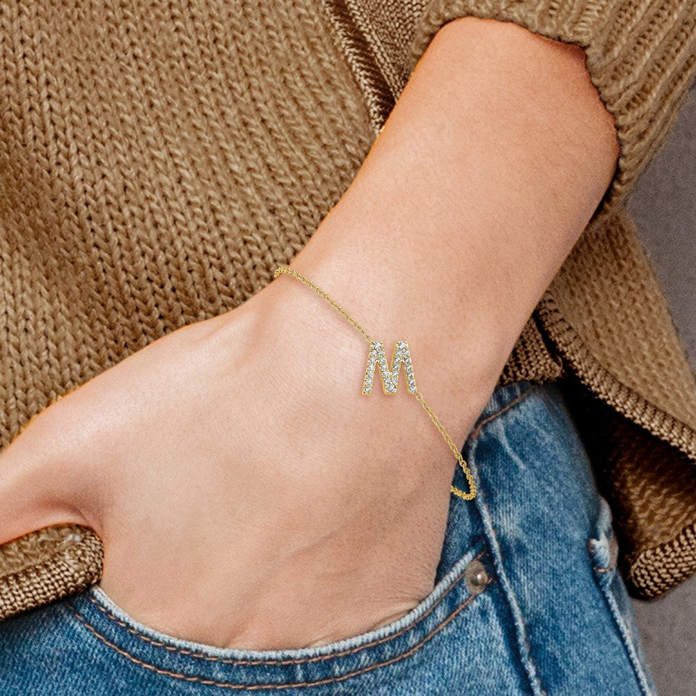 14K Gelbgold Armband mit natürlichem Diamant-Buchstaben W seitlich, mit 1 Zoll Verlängerung