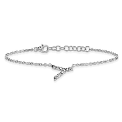 14K Weißgold Armband mit natürlichem Diamant, seitlichem Buchstaben "Y" und 2,5 cm Verlängerung