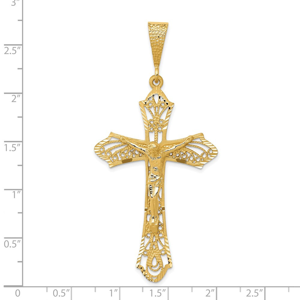 14K Gelbgold Kruzifix-Anhänger, satiniert, diamantgeschliffen