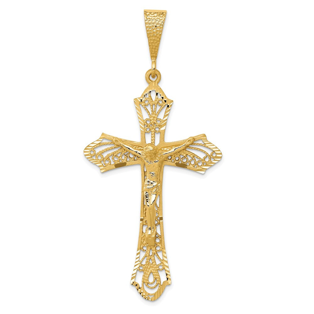 14K Gelbgold Kruzifix-Anhänger, satiniert, diamantgeschliffen
