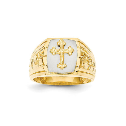 14K Bicolor-Goldring mit Kreuz oben für Herren