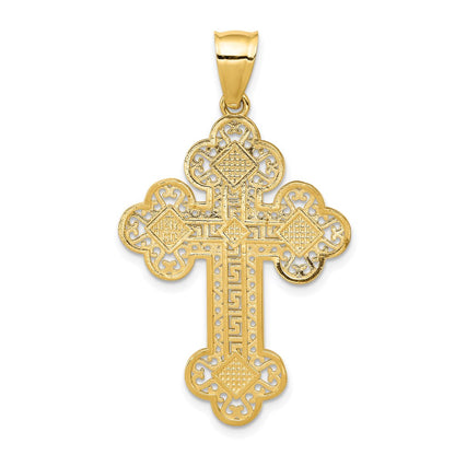14K Gelbgold Kreuzanhänger mit Knospen und griechischem Mäanderdesign