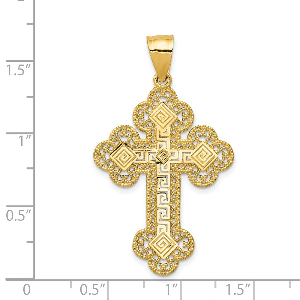 14K Gelbgold Kreuzanhänger mit Knospen und griechischem Mäanderdesign