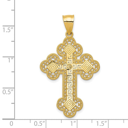 14K Gelbgold Kreuzanhänger mit Knospen und griechischem Mäanderdesign