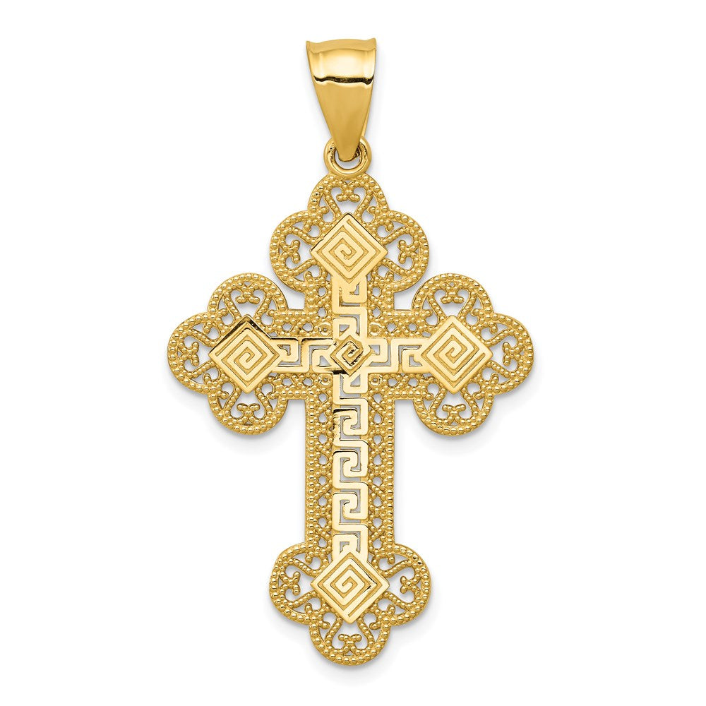14K Gelbgold Kreuzanhänger mit Knospen und griechischem Mäanderdesign