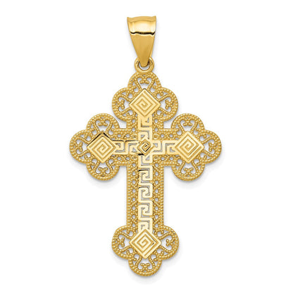 14K Gelbgold Kreuzanhänger mit Knospen und griechischem Mäanderdesign