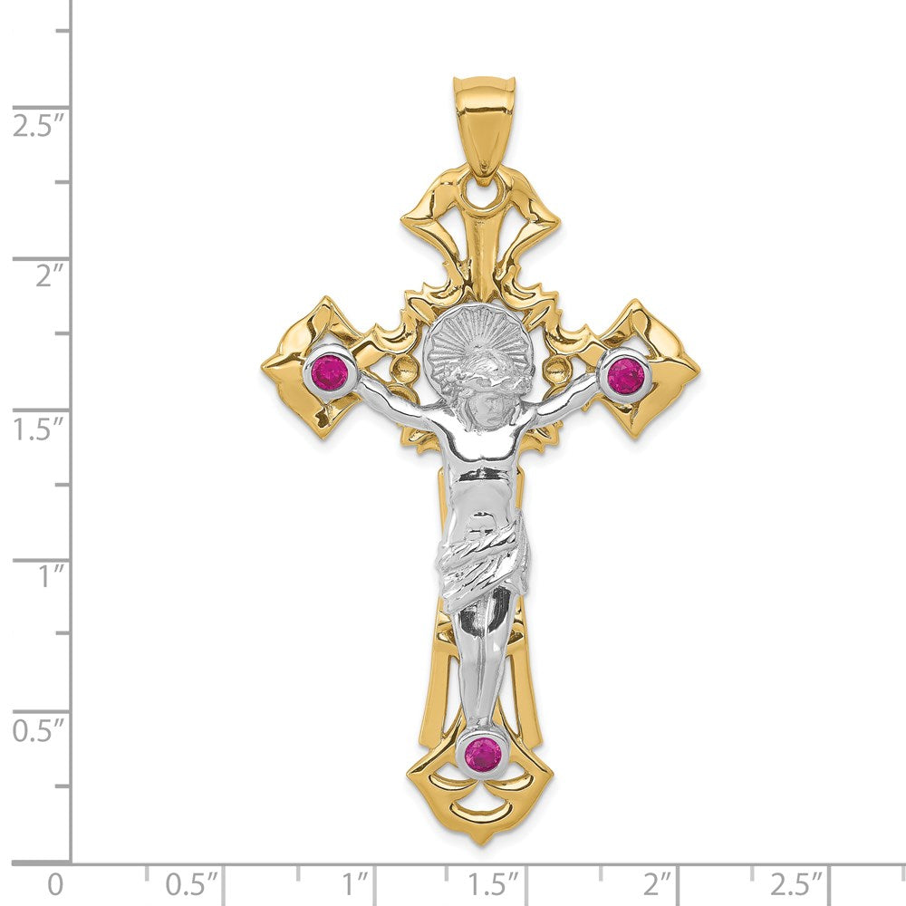 14K Bicolor Gold Kruzifix-Anhänger poliert mit roten Zirkonia (CZ)