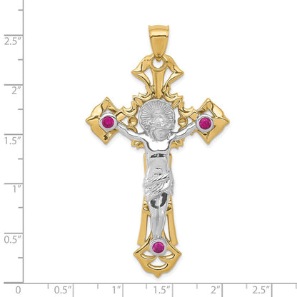 14K Bicolor Gold Kruzifix-Anhänger poliert mit roten Zirkonia (CZ)