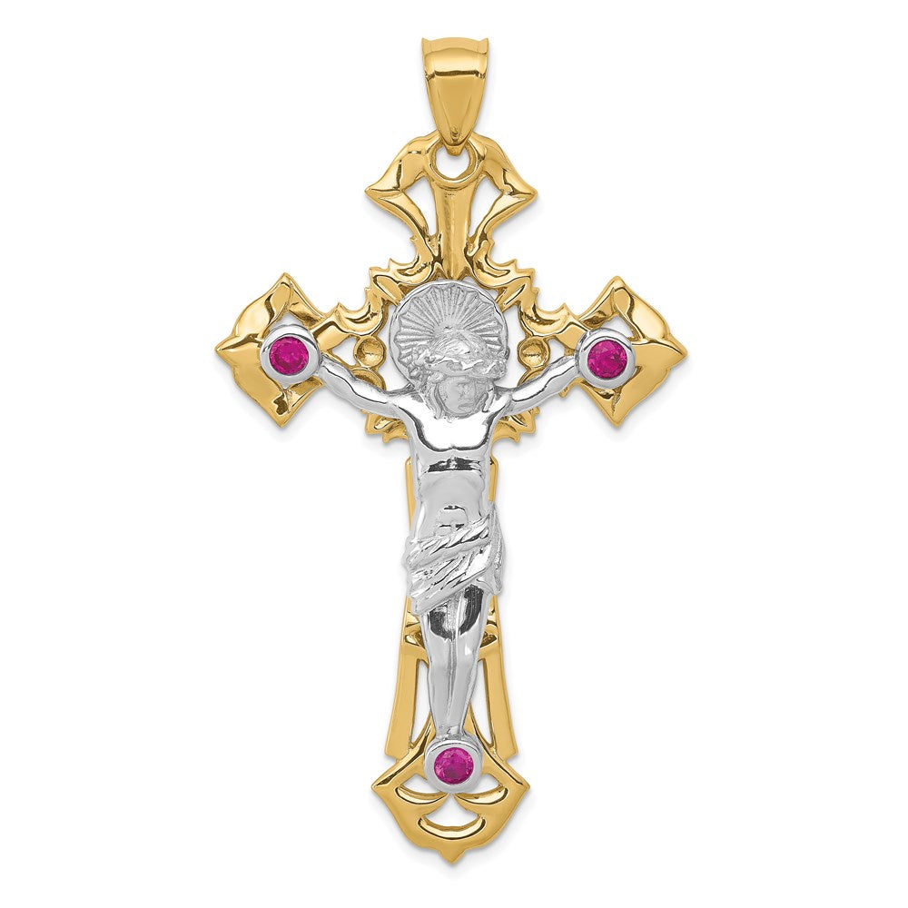 14K Bicolor Gold Kruzifix-Anhänger poliert mit roten Zirkonia (CZ)