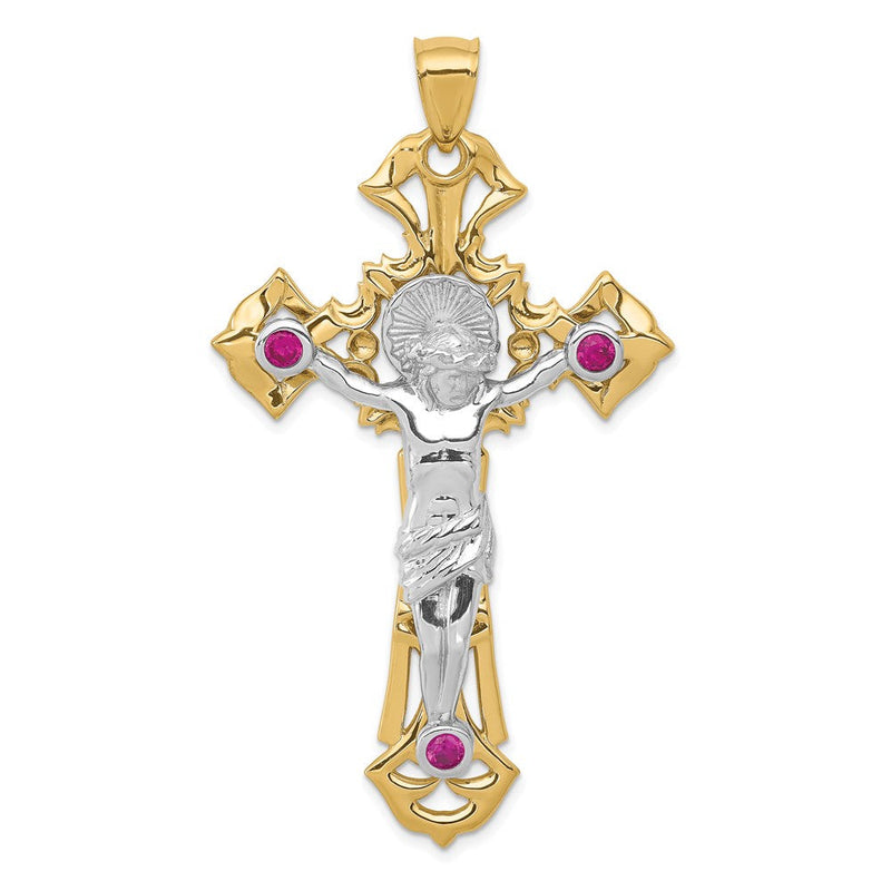 14K Bicolor Gold Kruzifix-Anhänger poliert mit roten Zirkonia (CZ)