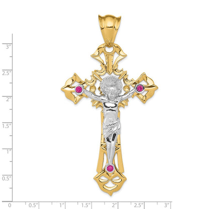 14K Bicolor Gold Kruzifix-Anhänger poliert mit roten Zirkonia