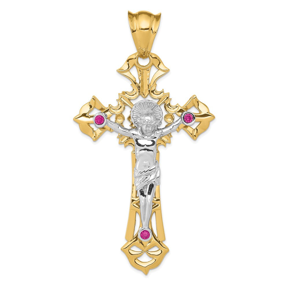 14K Bicolor Gold Kruzifix-Anhänger poliert mit roten Zirkonia