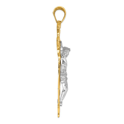 14K Bicolor-Gold Kruzifix-Anhänger, poliert, mit roten Zirkonia-Steinen