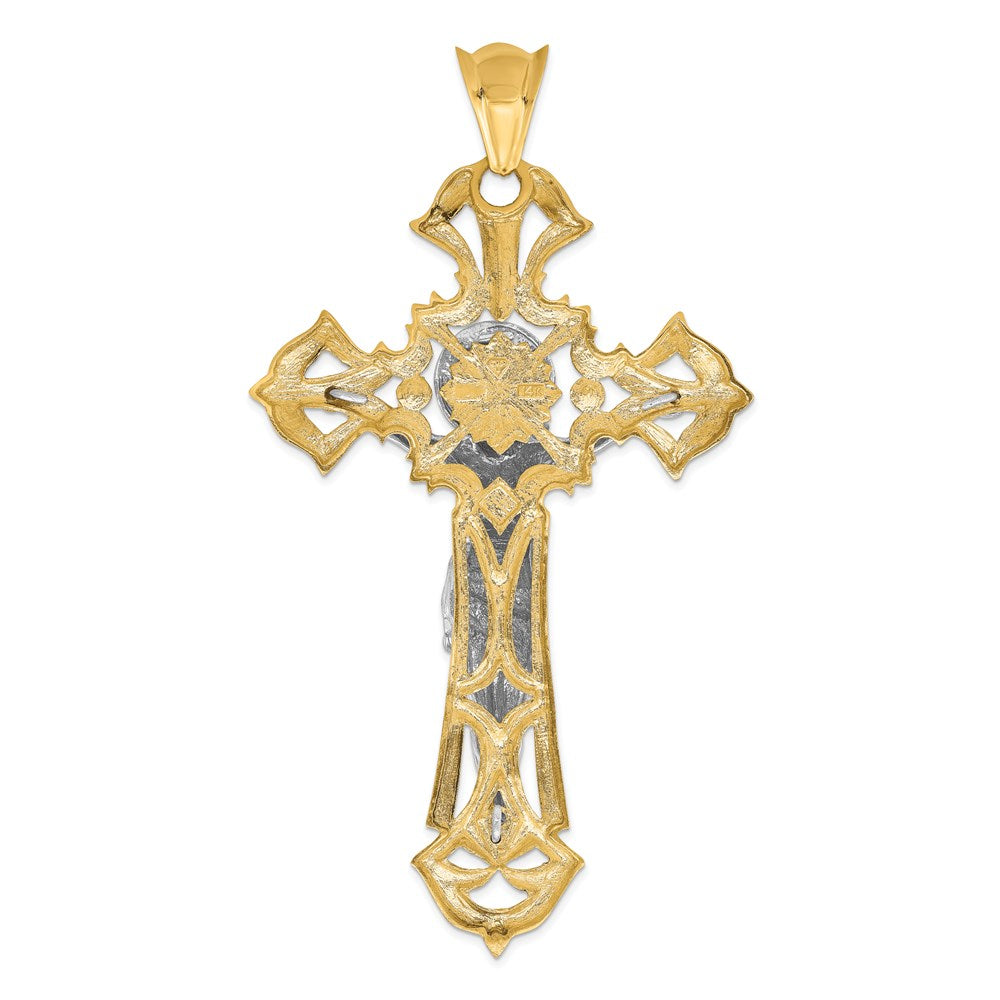 14K Bicolor-Gold Kruzifix-Anhänger, poliert, mit roten Zirkonia-Steinen