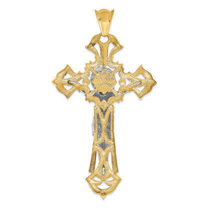 14K Bicolor-Gold Kruzifix-Anhänger, poliert, mit roten Zirkonia-Steinen