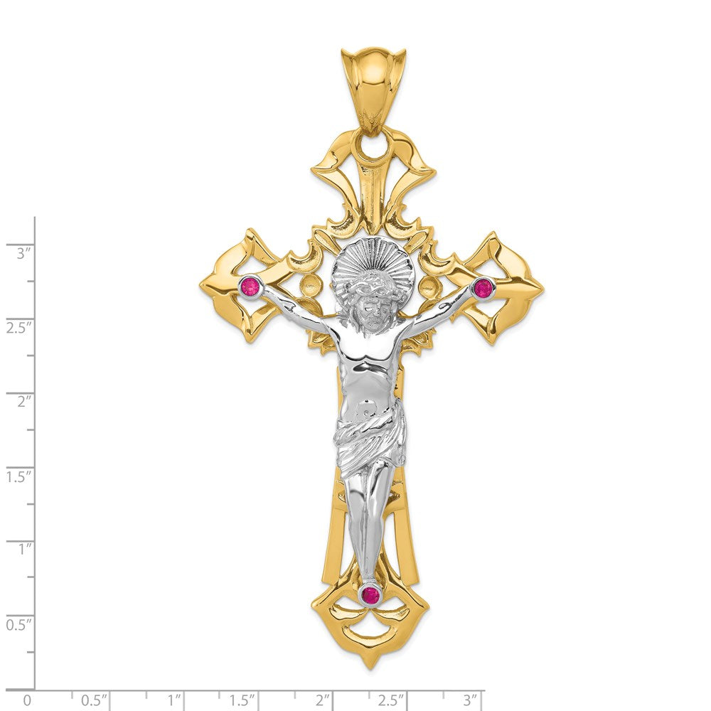 14K Bicolor-Gold Kruzifix-Anhänger, poliert, mit roten Zirkonia-Steinen