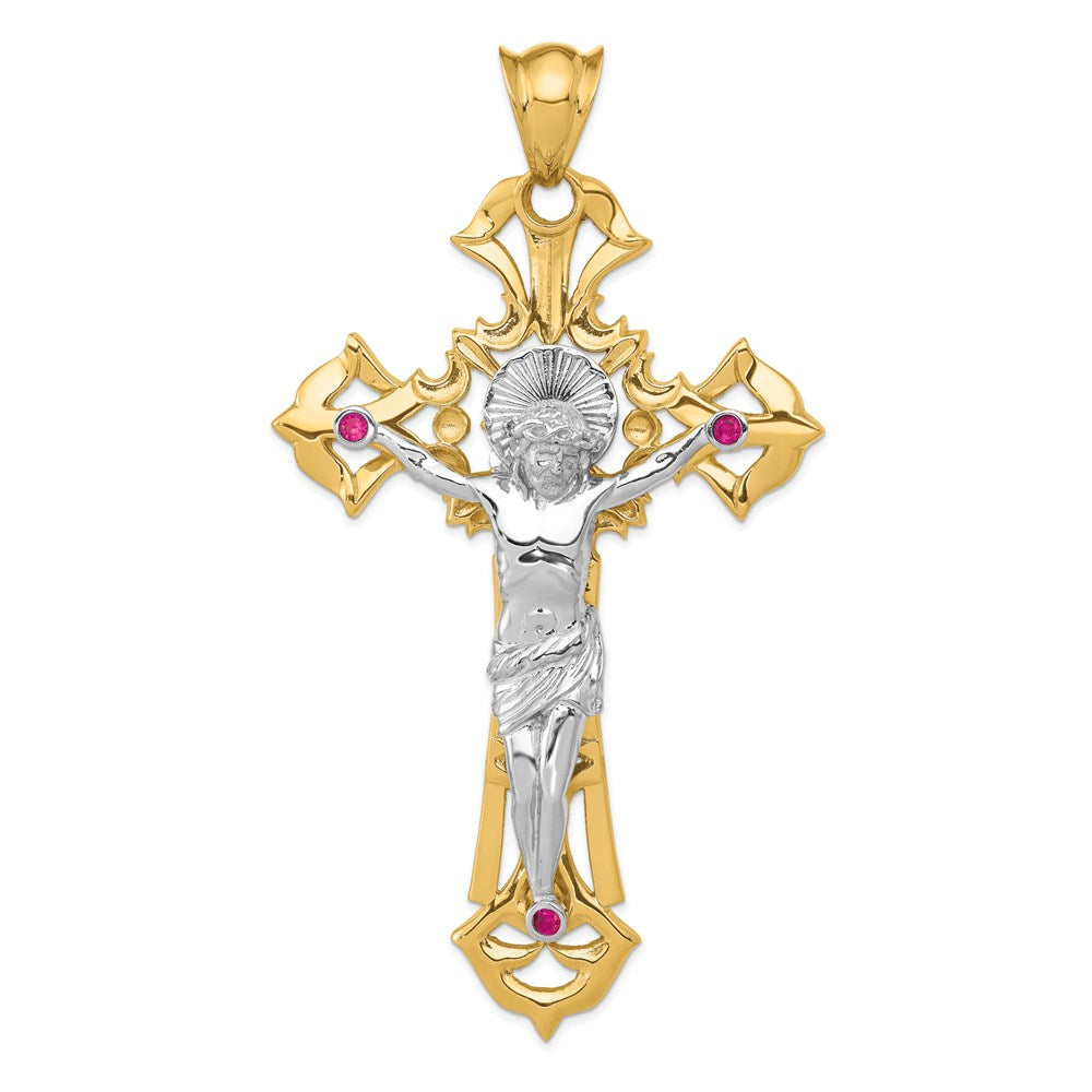 14K Bicolor-Gold Kruzifix-Anhänger, poliert, mit roten Zirkonia-Steinen