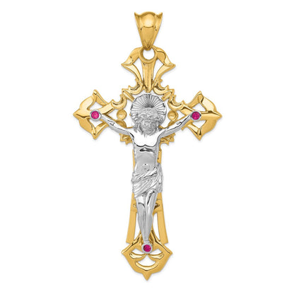 14K Bicolor-Gold Kruzifix-Anhänger, poliert, mit roten Zirkonia-Steinen