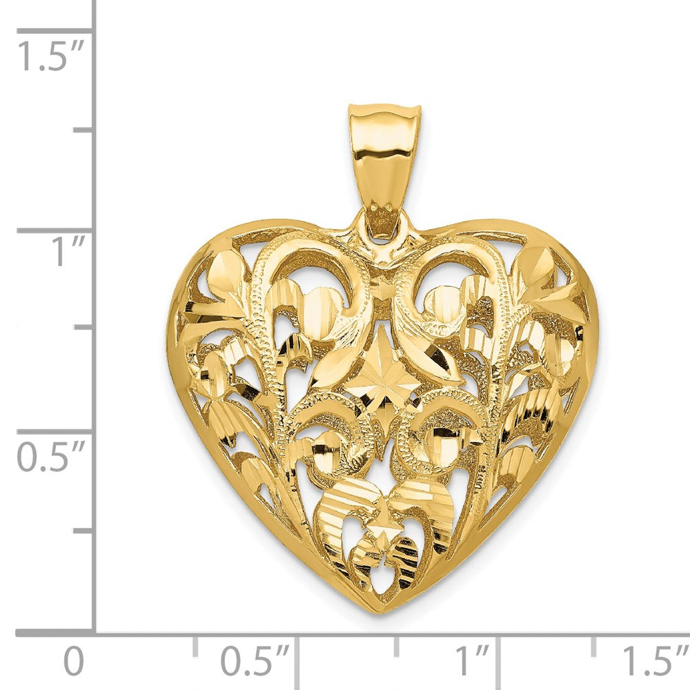 14K Gelbgold polierter, diamantgeschliffener Filigran-Herz-Anhänger 3-D