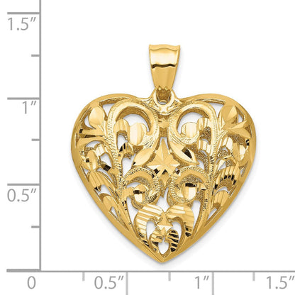 14K Gelbgold polierter, diamantgeschliffener Filigran-Herz-Anhänger 3-D