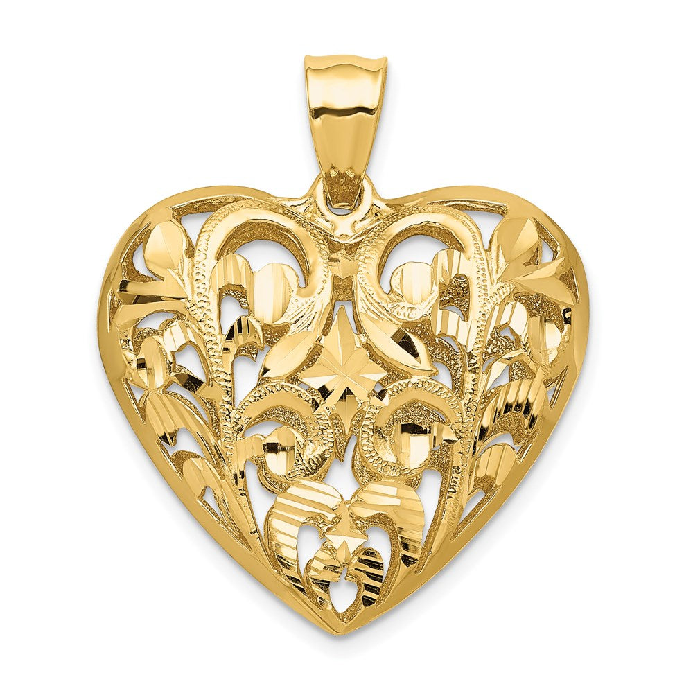 14K Gelbgold polierter, diamantgeschliffener Filigran-Herz-Anhänger 3-D