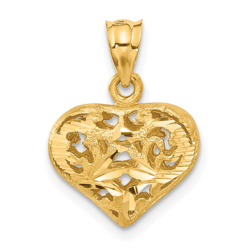 14K Gelbgold Poliert 3-D Filigran-Gepuffter Herzanhänger
