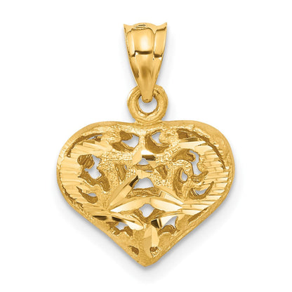 14K Gelbgold Poliert 3-D Filigran-Gepuffter Herzanhänger