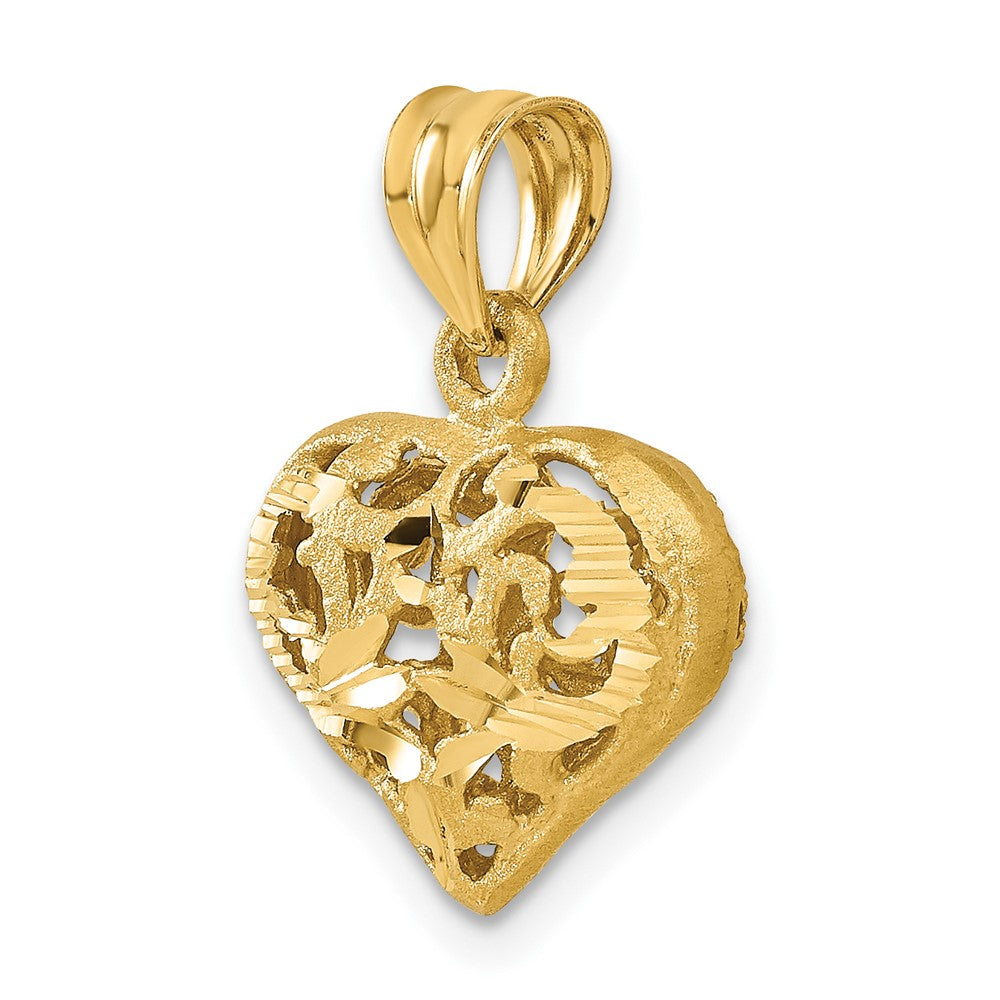 14K Gelbgold Poliert 3-D Filigran-Gepuffter Herzanhänger