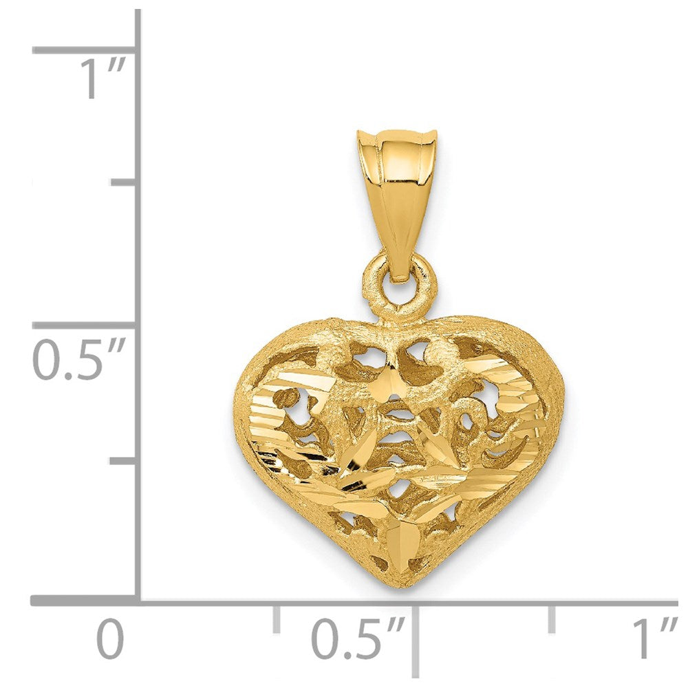 14K Gelbgold Poliert 3-D Filigran-Gepuffter Herzanhänger