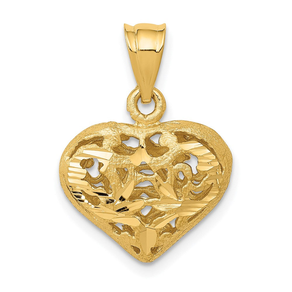 14K Gelbgold Poliert 3-D Filigran-Gepuffter Herzanhänger