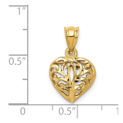 14K Gelbgold Poliert Filigran 3-D Gepolstertes Herz Anhänger