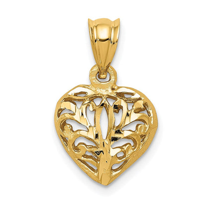 14K Gelbgold Poliert Filigran 3-D Gepolstertes Herz Anhänger