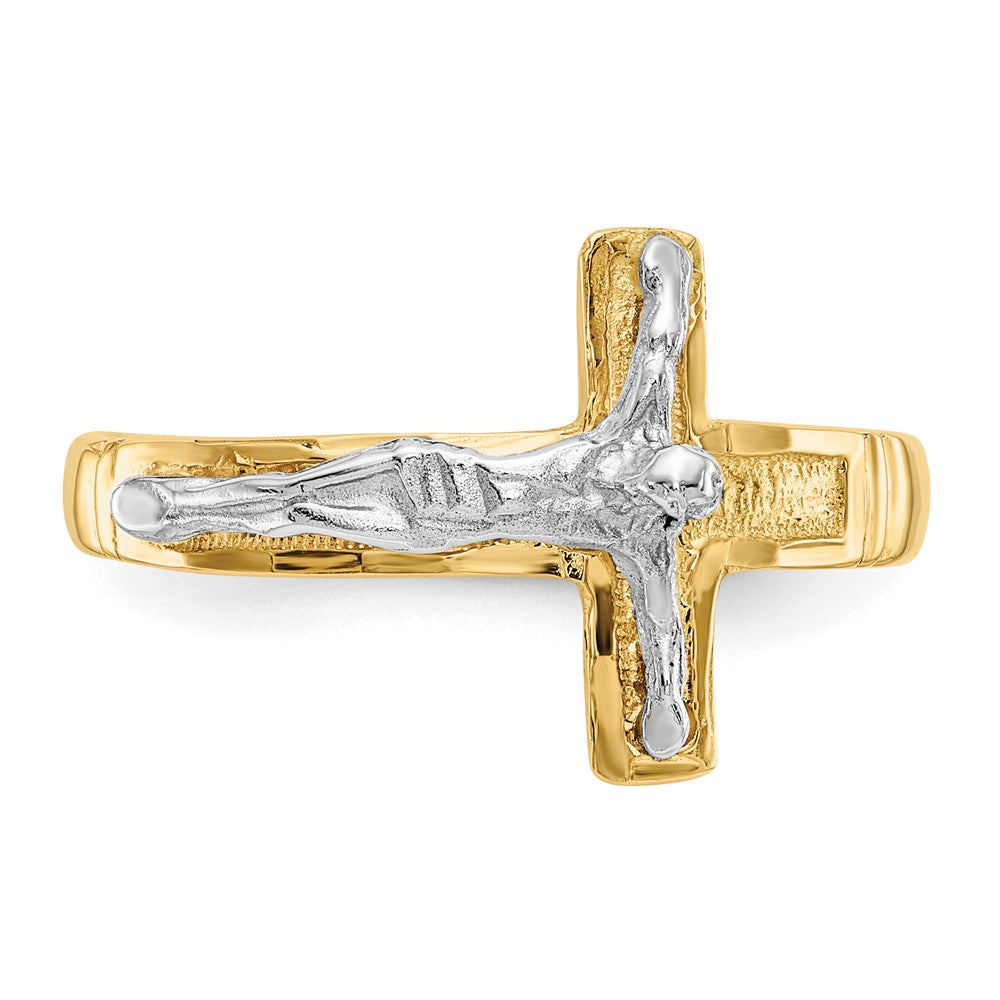 14K Bicolor-Gold polierter diamantgeschliffener Herren-Kruzifix-Ring