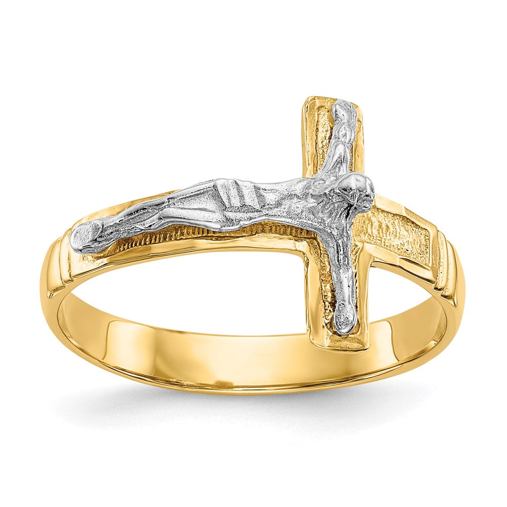 14K Bicolor-Gold polierter diamantgeschliffener Herren-Kruzifix-Ring