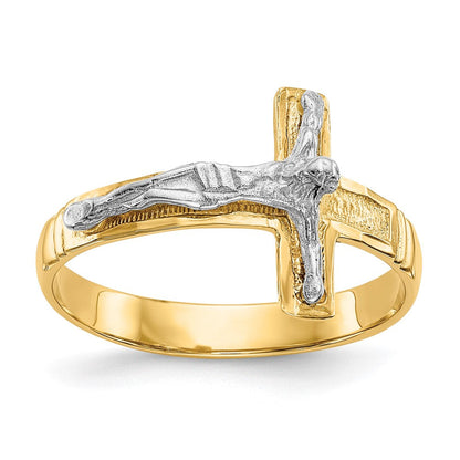 14K Bicolor-Gold polierter diamantgeschliffener Herren-Kruzifix-Ring