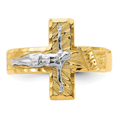 14K Bicolor Gold Herrenring mit Kruzifix, poliert und diamantiert