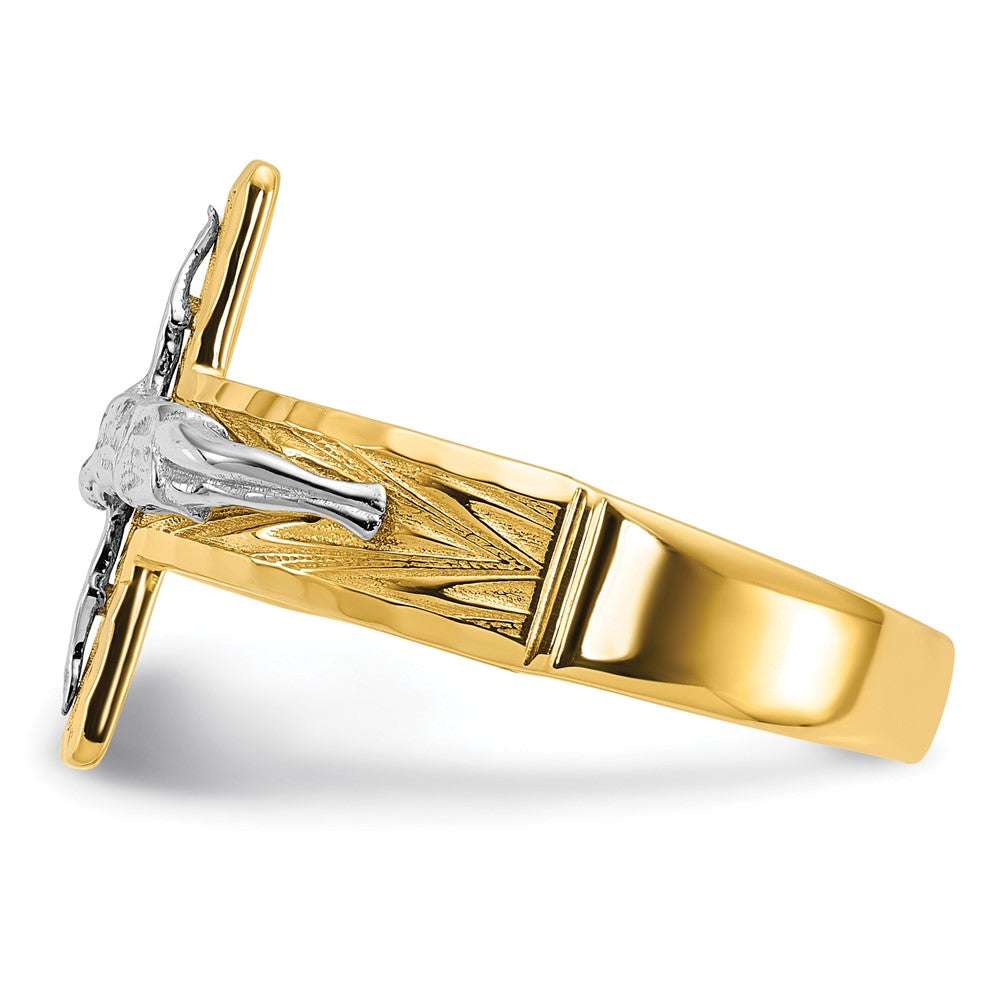 14K Bicolor Gold Herrenring mit Kruzifix, poliert und diamantiert