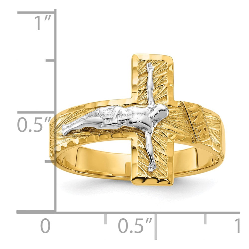 14K Bicolor Gold Herrenring mit Kruzifix, poliert und diamantiert
