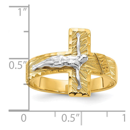 14K Bicolor Gold Herrenring mit Kruzifix, poliert und diamantiert