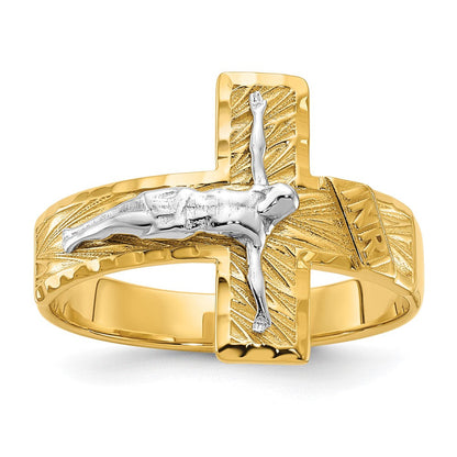 14K Bicolor Gold Herrenring mit Kruzifix, poliert und diamantiert
