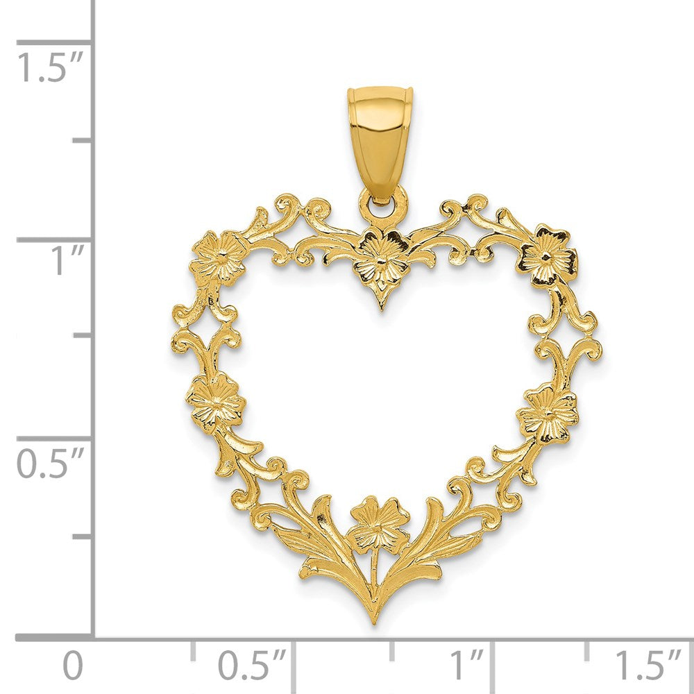 14K Gelbgold Polierter Herz-Anhänger mit Blumenrand